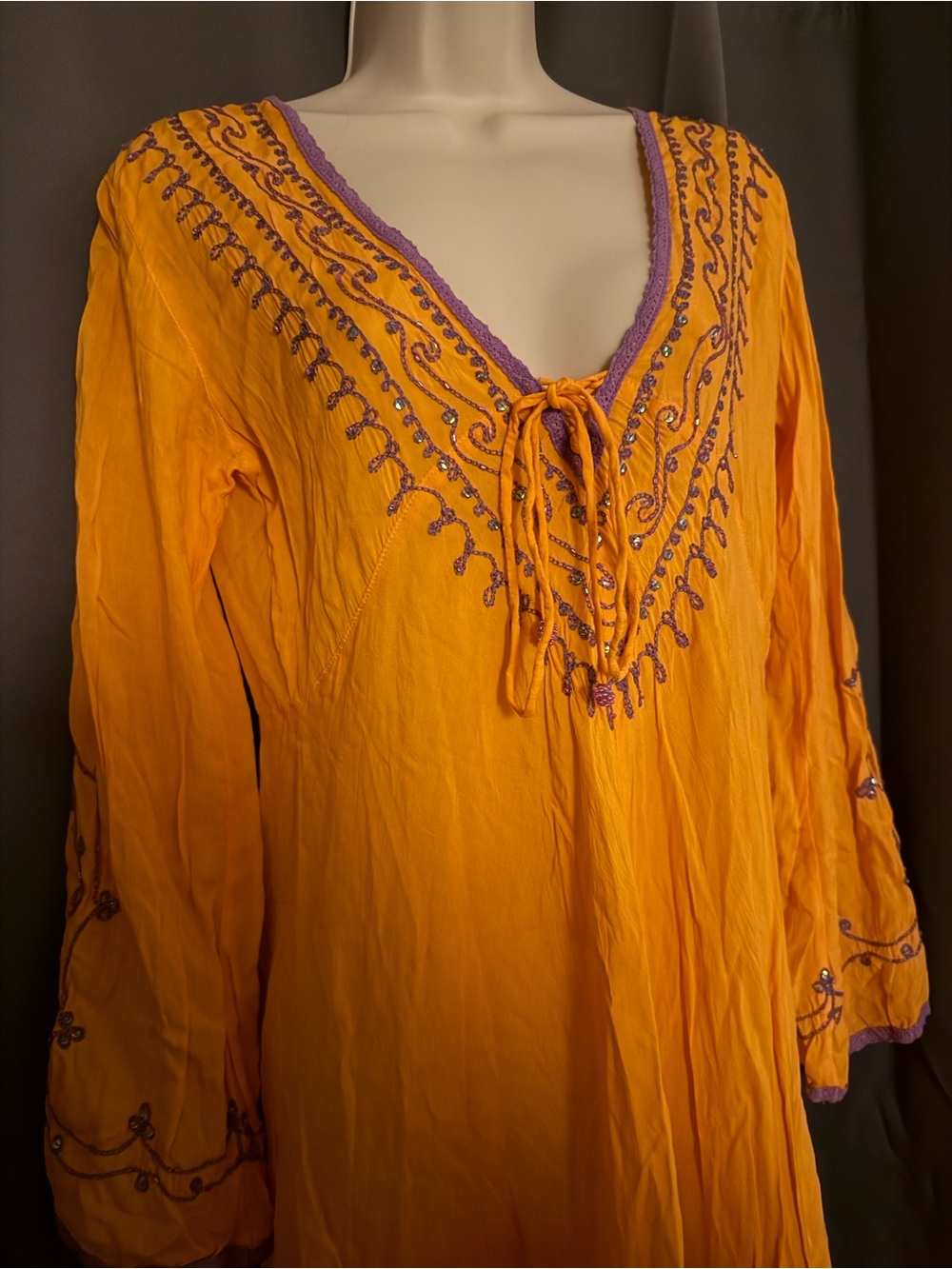 Fifi & Bootzie Orange Embroidered Dress with Purple Trim